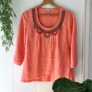 Boden?100% Linen?Coral Beaded Boho Top